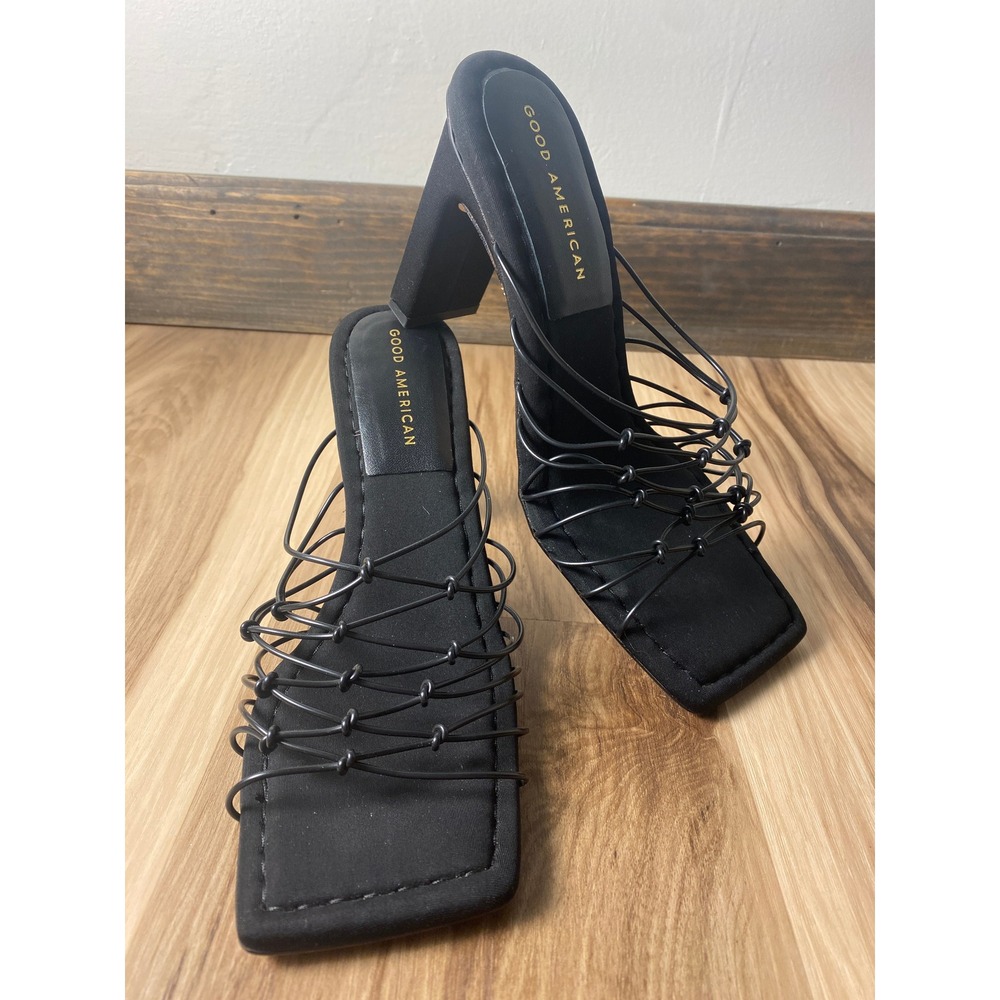 Good American Black Strappy Block Heel Sandals Square Toe Mules Made in Spain 8
